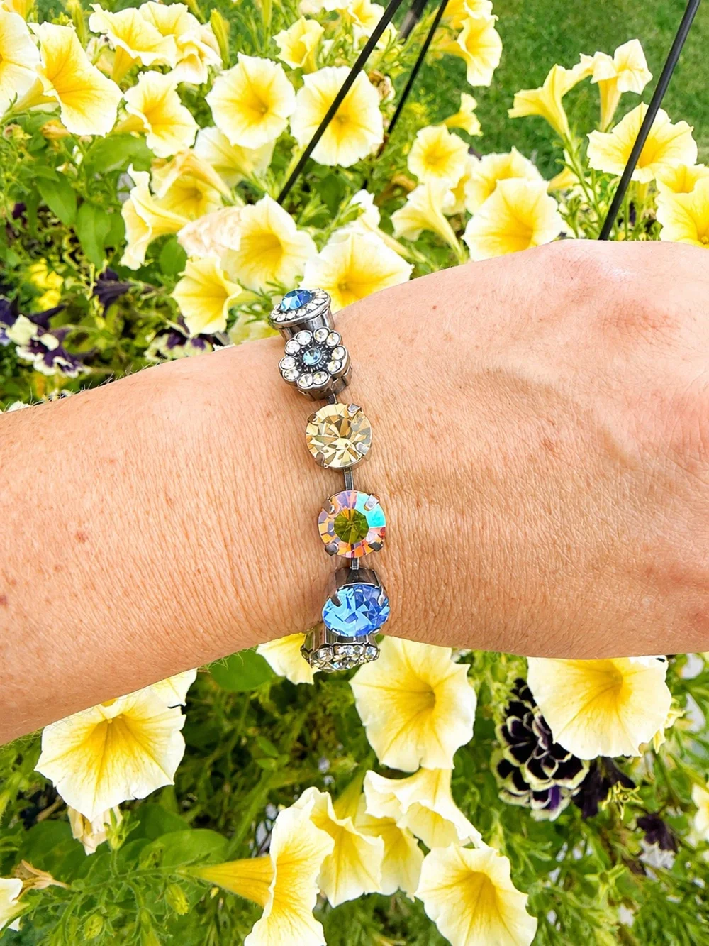 Mariana Swarovski Crystal Blue & Champagne Floral Link Bracelet Adjustable